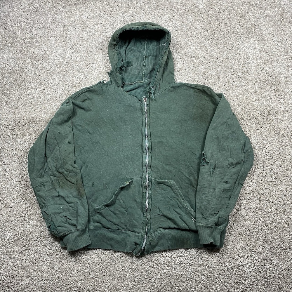 Vintage 1950s Thermal Lined Zip Sweatshirt Jacket Green Waffle Hoodie Distressed